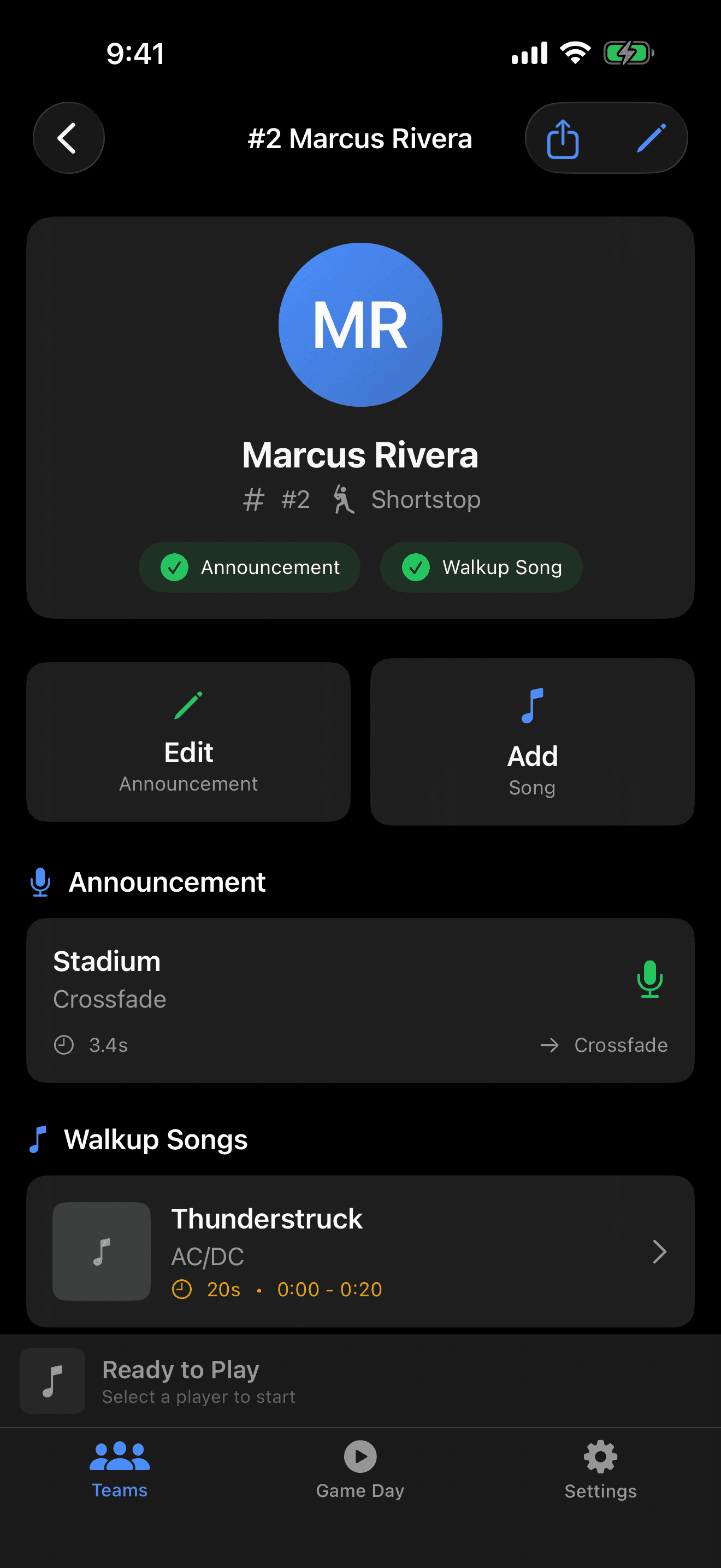 Player detail screen with walkup songs and announcements