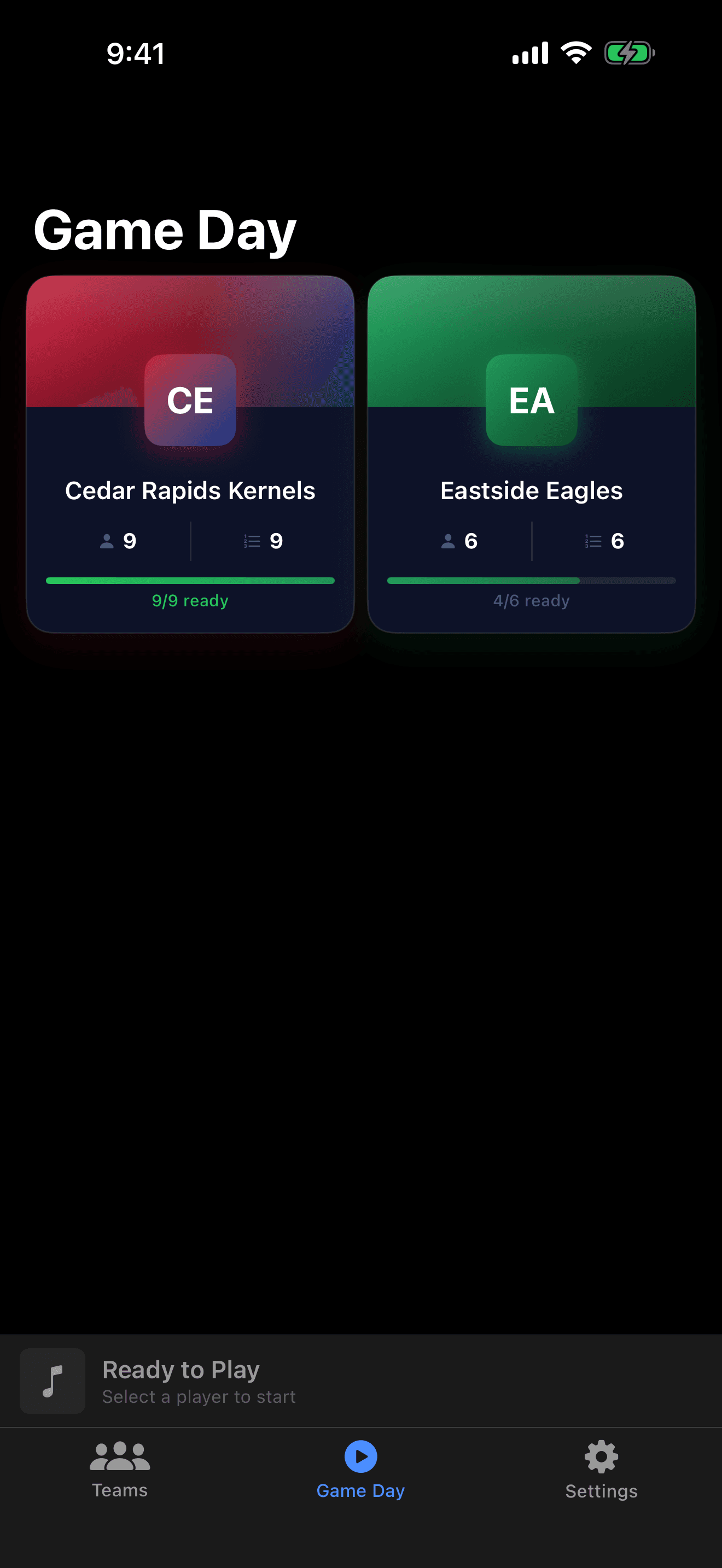 Game Day setup screen with team selection