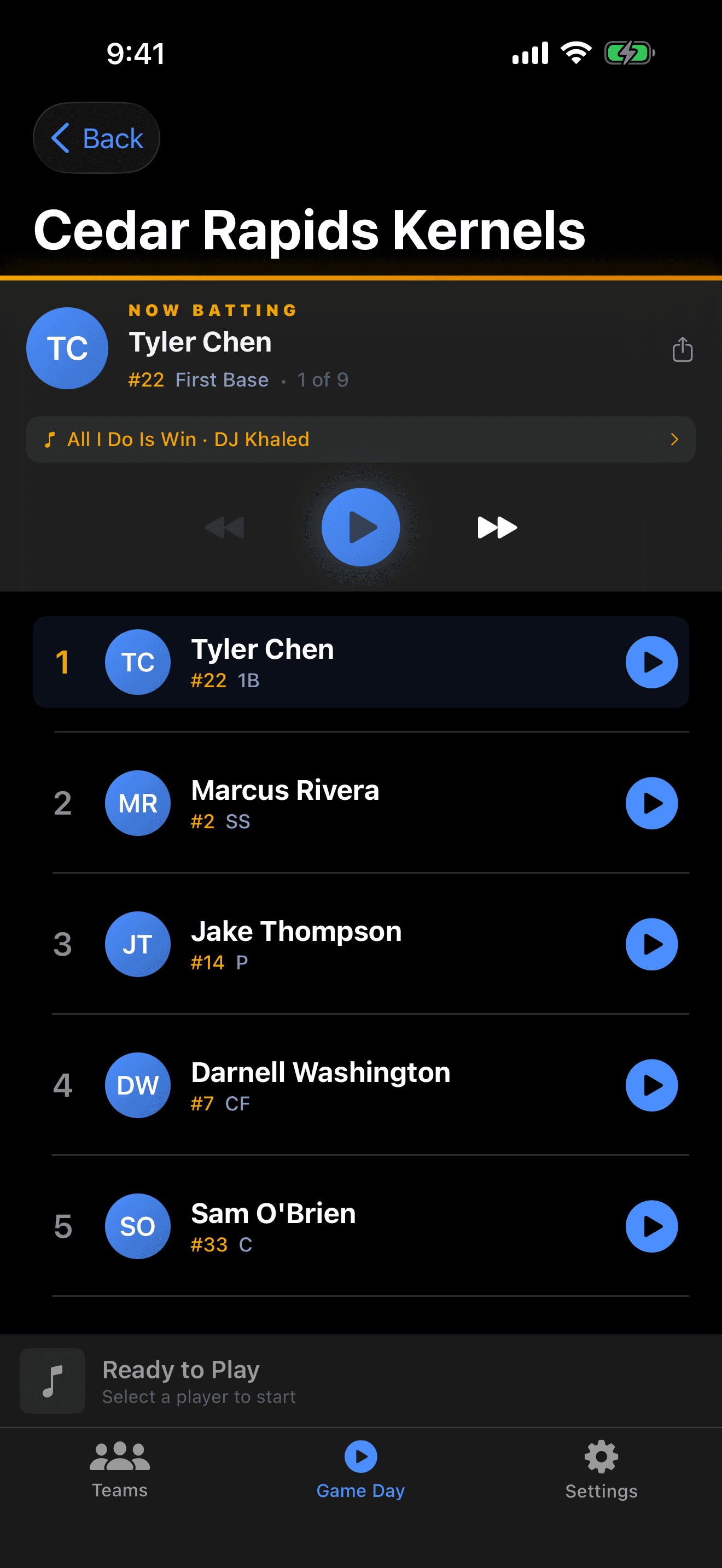 Game Day mode showing Now Batting screen with walkup song playing